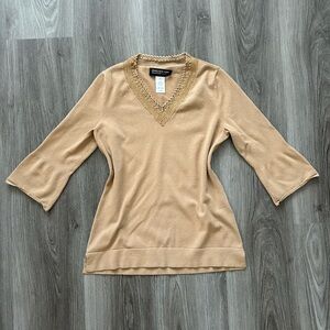 Jones New York Tan Quarter/Bell Sleeve  Top with Gold Beading Trim
